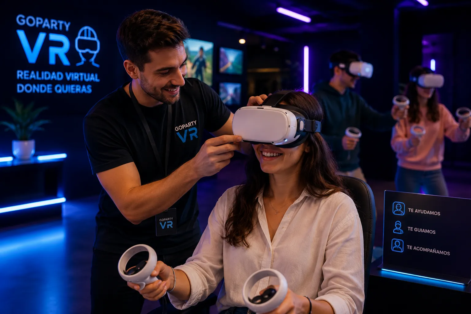 Monitor de GoParty VR ayudando a una jugadora a colocarse un visor de realidad virtual durante una experiencia inmersiva