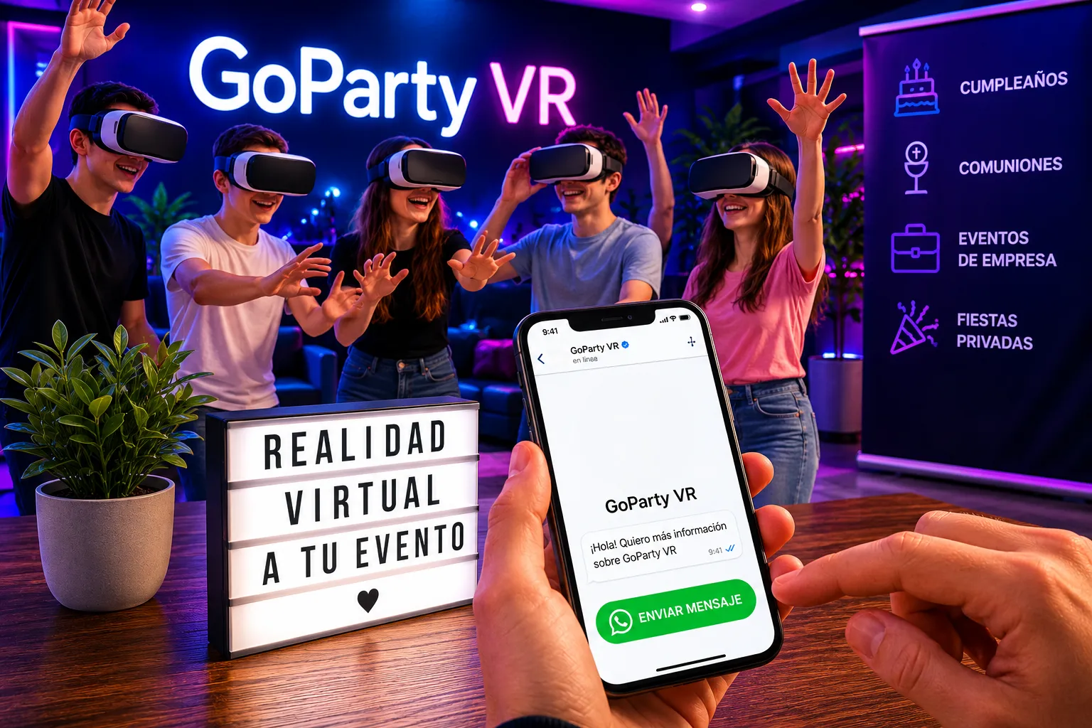 Reserva experiencias de realidad virtual para eventos mediante WhatsApp con GoParty VR