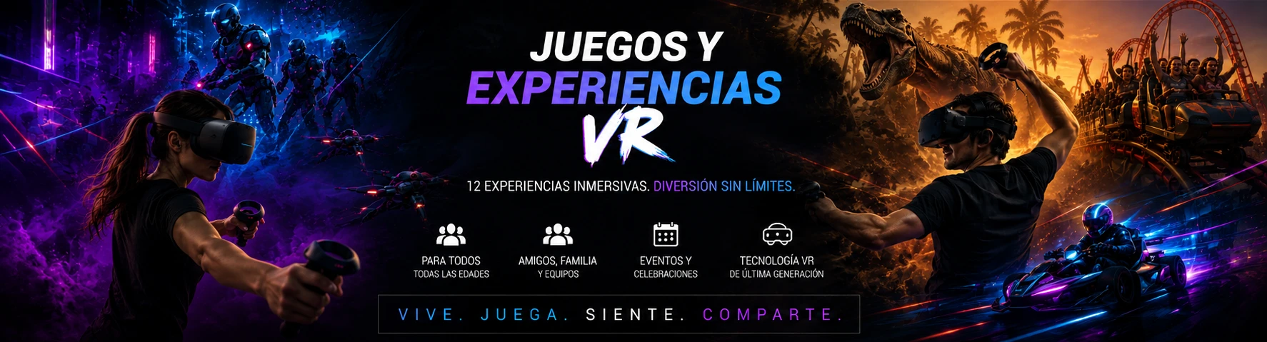 Banner promocional de GoParty VR con juegos de realidad virtual, zombis, dinosaurios, carreras y montañas rusas